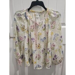 Rachel Zoe Top Womens SM Floral Balloon Sleeve Sheer Lined Ribbon Ruffle SPRING
